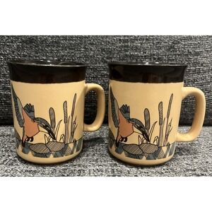 Set Of 2 Vintage Webb Stoneware Korea 1970s Hummingbird Coffee Tea Cups Mugs EUC